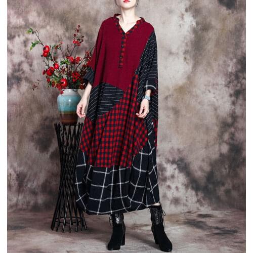 Women Autumn Cotton Linen Plaid Striped Patchwork Dress Ladies Plus Size Robe Dress Female Vintage Oversized Dresses 2020