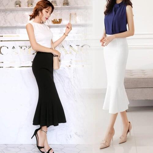 Free Shipping 2021 Fashion Long Mid-calf Skirt For Women XS-2XL Mermaid Style Stretch Ladies Black And White High Waist Skirts