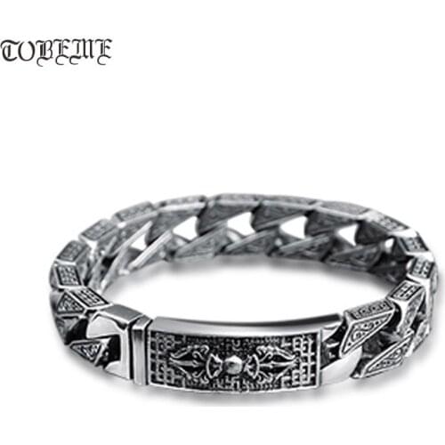 Handcrafted 925 Silver Tibetan OM Mani Bracelet Vintage Sterling Silver Buddhist Vajra Dorje Chain Bracelet Man Bracelet