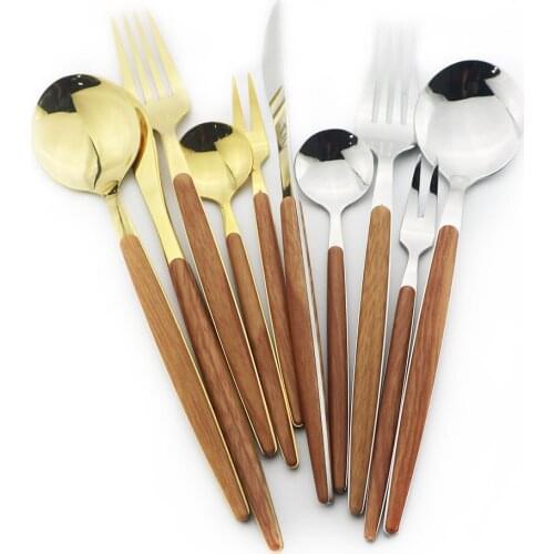 Wooden Texture Dinnerware Set Mirror Brown Gold Stainless Steel Cutlery Set Knives Fork Spoons Flatware Kitchen Tableware Set