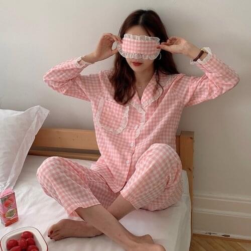 Plaid Print Home Suit Women Long Sleeve Vintage Sweet Ruffle Single Breasted Home Clothes Sleepwear Nightwear Kawaii Soft Cotton
