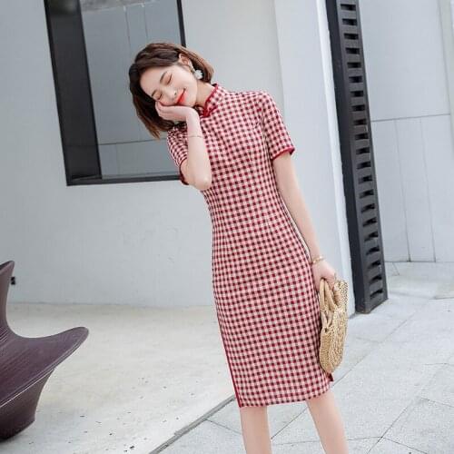 Elegant Slim Chinese Vintage Short Sleeve Daily Dress Women Cotton Mini Qipao Sexy High Split Plaid Cheongsam robe vestidos