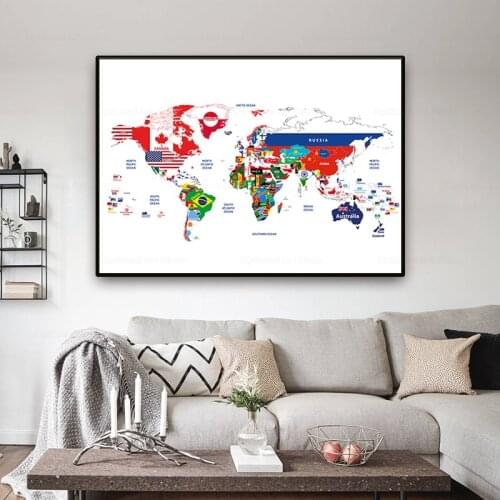 Canvas Painting Map of The World Poster with Countries Flags Canvas Art Prints Creative Map Wall Picture Living Room Decor