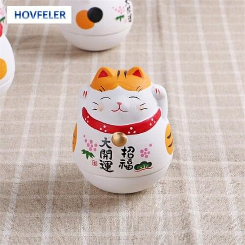 HOVEFELER Japanese Ceramic White Lucky Cat Ornaments Tumbler Home Decoration Business Fortune Cat Figurine Accessories Gifts