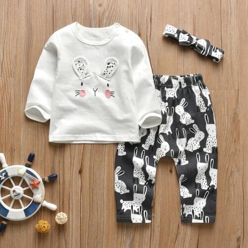 Girls Clothing Set Animal Pattern Soft Cotton Long Sleeve Tops+Rabbit Printed Pants+Headband 3 Piece Autumn Toddler Baby Set