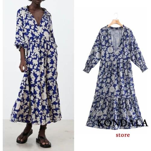 KONDALA Za 2021 Vintage Chic Floral Midi Women Dress Deep V Neck Sexy Ruffles Boho Dress Fashion Autumn Elegant Mujer Vestidos