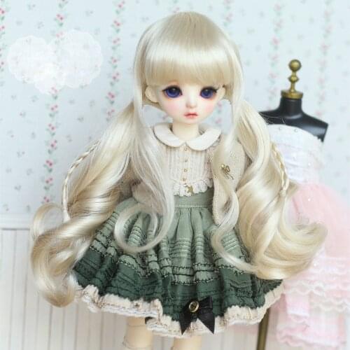 1/6bjd doll golden brown pink long curly hair bangs pigtail double ponytail wig for yosd, 1/3 1/4 bjd SD DD wig doll accessories