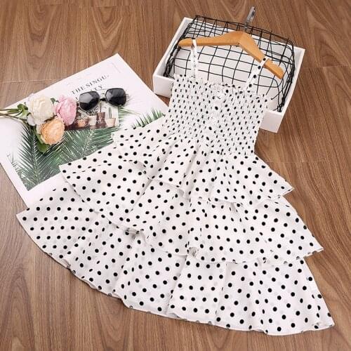 Girls Polka Dot Princess Cake Dress 2021 Summer Child Kids Fashion Front Buttons Layered Ruffle Boho Cami Dress for Girls New