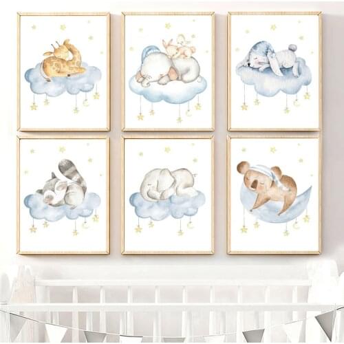 Nordic Posters And Prints Wall Pictures Childrens Room Decoration Elephant Rabbit Koala Giraffe Raccoon Moon Cloth Painting