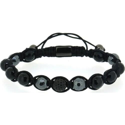 8mm Faceted Hematite Insert Onyx Stone Bead Gun Black Color Round Black CZ Zircon Charm Adjustable Macrame Bracelet For Man