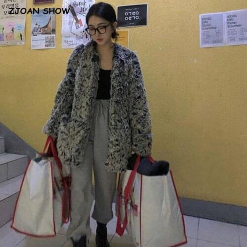 Stay warm Winter Lapel Cut flowers Gradient Faux Rabbit Fur Coat Hairy Shaggy Mid Long Jacket Women Long Sleeve Outwear Cool