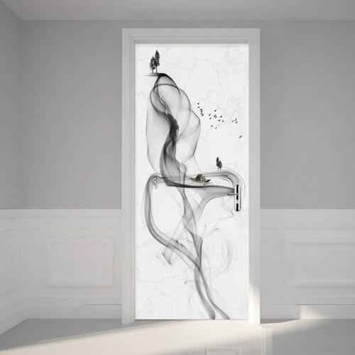 Self-Adhesive Door Sticker Modern 3D Abstract Art Wallpaper Black And White Smog Murals Living Room Bedroom Creative DIY Sticker