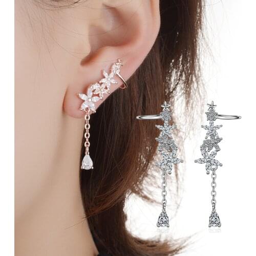 925 Sterling Silver Shiny AAA Zircon Ice Leaves Flower Water Drop Tassel Earrings Silver Color Ear Hook oorbellen S-E552