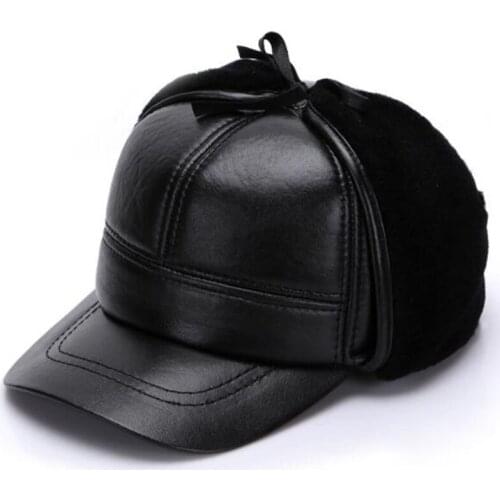 2020 New Winter Mens Warm Velvet Fur Bomber Hats Natural Genuine Leather Cap Sheepskin Leather Earmuffs Caps Dad Winter Hat