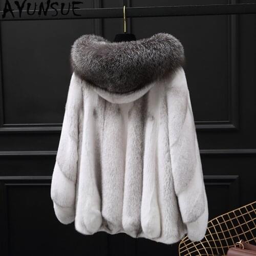 AYUNSUE Natural Real Mink Fur Coat Winter Coat Women Fox Fur Collar Luxury Warm Fur Jacket Women Clothes 2020 Manteau Femme MY