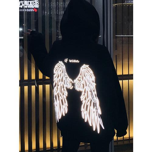 Long sleeve reflective shirt Harajuku shirts women japan oversize black angel wing shirt women shiny tshirt with a hood hoodies
