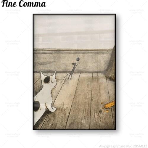 Cat Hunting a Mouse Vintage Poster Fairy Tale Children Canvas Print Wall Art Funny Story Painting Home Decoration Illustration