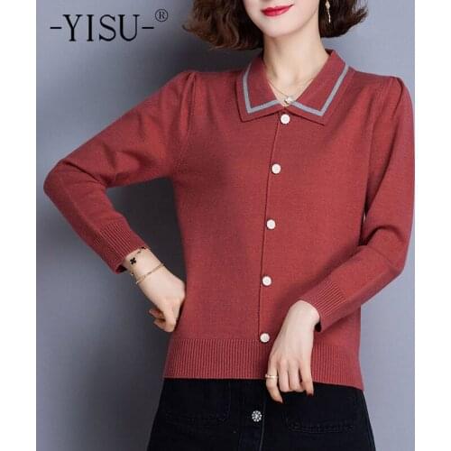 YISU Knitted Cardigan Women 2021 Spring Autumn New Long Sleeve Turn the collar Knitwear Coat Solid Casual Women Sweater Cardigan