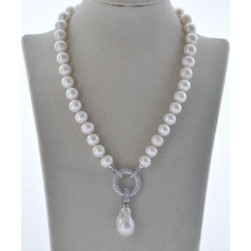 Z10913 18" 25mm Drop White Keshi Round Freshwater Pearl Necklace Pendant CZ