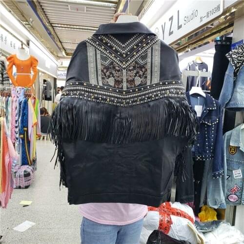 Autumn Fashion Heavy Work Rivet Flower Embroidery Tassel Women Faux PU Leather Coat Casual Long Sleeve Biker Jacket Streetwear