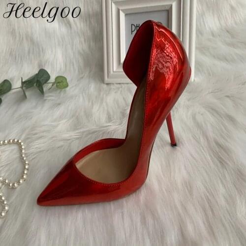 Heelgoo Glossy Red Women Pointy Toe D'Orsay High Heels Wedding Bridal Shoes Gorgeous Slip On Stilettp Pumps Big Size 33 43 44 45