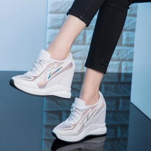 2022 Womens Genuine Leather Sequins Mesh Summer Breathable Wedge Hidden High Heel Sneakers Shoes Casual Lace Up