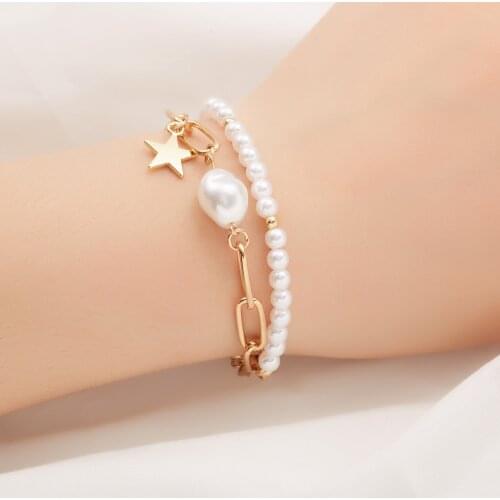 Multilayer Geometric Lettering Pendant Irregular Imitation Pearl Simple Metal Chunky Chain Bracelet For Women Charm Bracelet