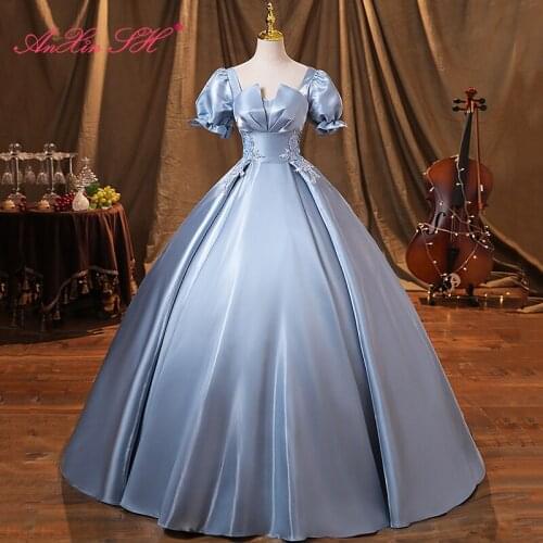 AnXin SH vintage princess grey white lace o neck sleeveless ball gown beading crystal illusion rose flower bride evening dress