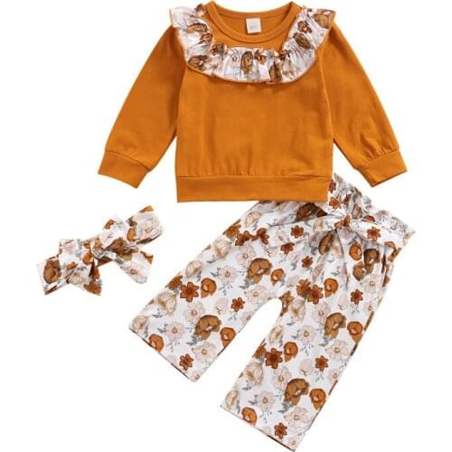 0-4Years Kids Baby Girl Autumn Clothes Sets Casual Floral Cotton 3Pcs Ruffles Sweatshirts+Bow Tie Long Trousers+Headband