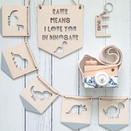 T-Rex Dinosaur Banner Wooden Positive Slogan Sign Board Birthday Party Baby Shower Decorations Boys Bedroom Wall Hanging Garland