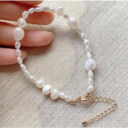 New Arrival Favorite Pearl Jewelry 4-10mm Rice Irregular Nuggets White Baroque Pearl Bracelet For Women Briidal Wrist Fine Gift