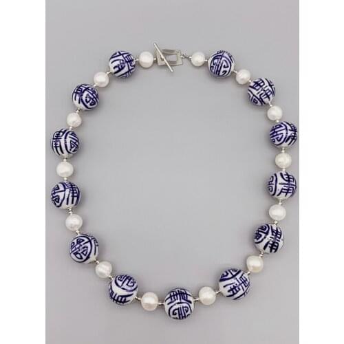 FoLisaUnique Chinese Ceramic Beads 9-10mm Freshwater White Pearls Necklace For Women Stainless Steel Beads Daily Wear Necklace