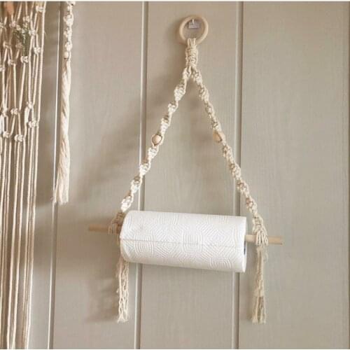 Boho Macrame Rope Wooden Toilet Paper Holder Tapestry Tissue Paper Roll Storage Shelf Towel Hanging Rack Home Bathroom Decor