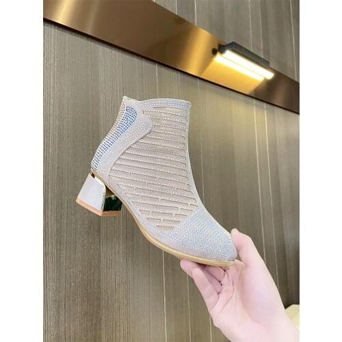 Elegant High-Heeled Ladies Martin Boots Summer British Wind Rhinestone Thin Section Breathable Short-Tube Net Boots Large Size