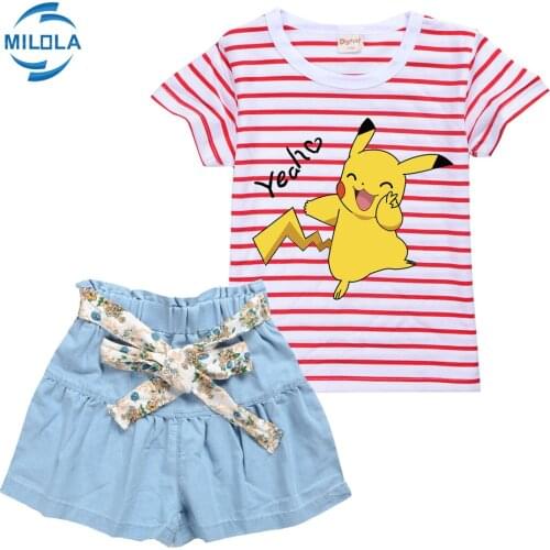 Pokemon Go Anime Short Sleeves T Shirts Suit Set Baby Girls Summer Toddler Cartoon Pikachu Vest Children Teen Clothes Set
