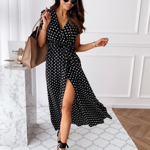 Hirigin 2020 Fashion Women Polka Dot Split Dress Summer Sexy Ladies Short Sleeved V-neck Bohemian Hot Female Dress New