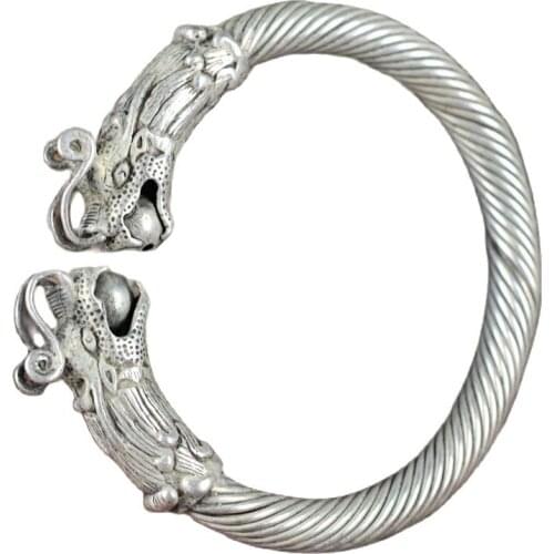 China Old Silver Copper Headed Double Dragon Opera Silver Bracelet