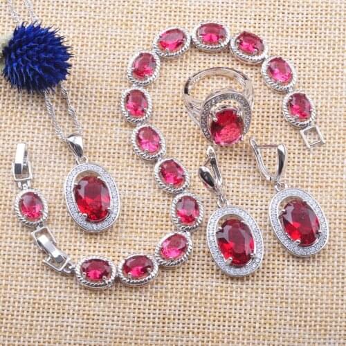 2020 New Fashion Jewelry Sets Wedding Jewelry Red CZ Bracelet With Silver Color Necklace Earrings Ring Set Christmas Gift YZ0116