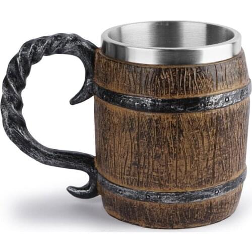 Drinking Mug 450ML Wood Style Beer Mug Christmas Gift Simulation Wooden Barrel Beer Cup Double Metal Insulated Drinking Cups