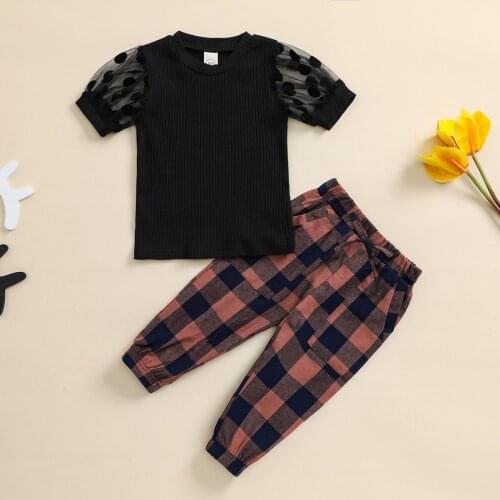 Citgeett Summer Kids Girls Clothes Sets Dot Lace Puff Short Sleeve T-Shirts Tops Plaid Printed Long Pants 0-4Y