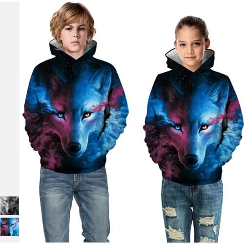 Fashion Wolf Digital Printing Autumn Childrens Long-sleeved Sweater Hoodies Teen Wweatshirt Boy Kids Clothes