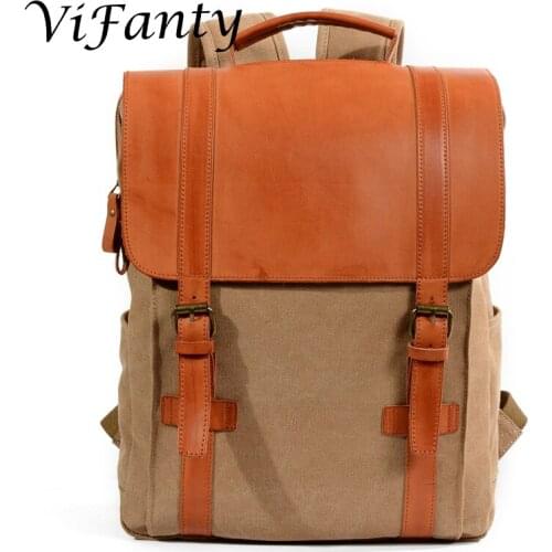 Fashion Waxed Canvas Backpack flap Top closure Travel Rucksack Leather Daypack for School Work Men Women