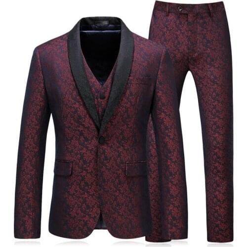 Mens suit mens wine red printed business casual suit three-piece suit (jacket + pants + vest) wedding banquet formal suit