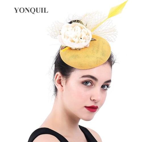 Yellow Fascinators Hat Chapeau For Women Elegant Facncy Floral Pillbox Hat Veils Married Bridal Party Tea Race Hair Accessories