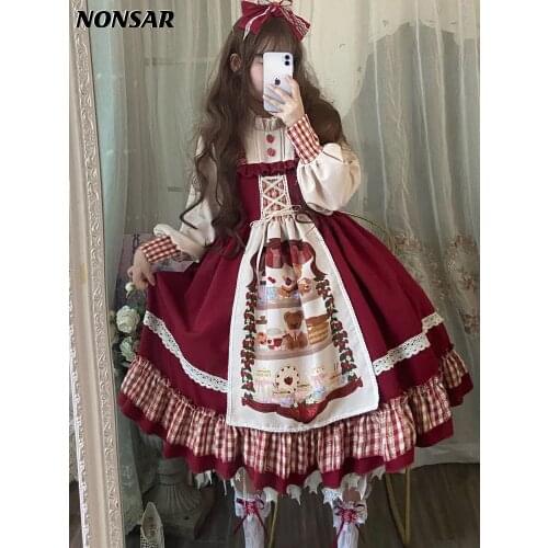NONSAR Women Lolita Dress Christmas New Year Little Red Riding Hood Red Cape Girl Op Long Sleeve Dress