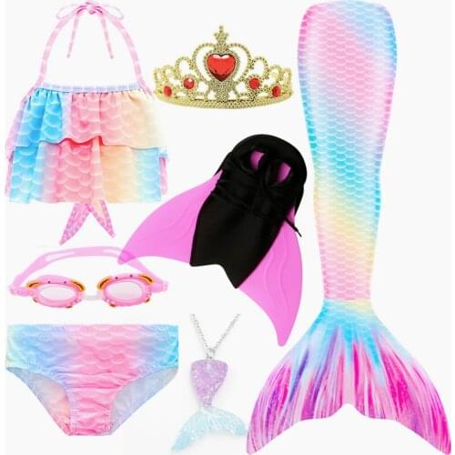 NEW!2020 Rainbow Pink Mermaid Tail with Monofin Bikini Bathing Swimsuit Dress for Girls Swimming Costume