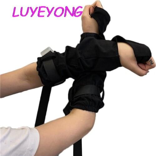 Wholesale Cargo Black Unisex Glove Elbow Length Open Cuff Fingerless Adjustable Buckle Strap Streetwear Ninja Rock Arm Warmer