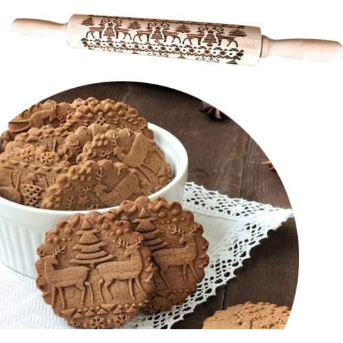 Christmas patterned Embossed Rolling Pin Engraved Embossing for Baking Wood pastry boards fondant Craft toy for children