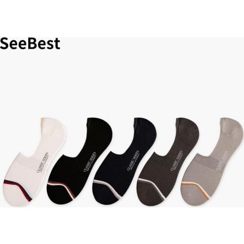 SeeBest mens ankle socks no show fashion breathable cool spring summer boat slipper sock for male 5 pairs black white funny