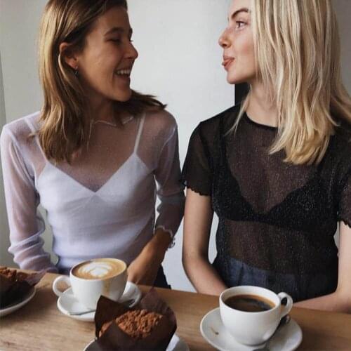 Sexy Mesh Long Sleeve T Shirt Women 2021 Summer Transparent Club Party Black Tee Shirts Cutely Thin O Neck Short Tops